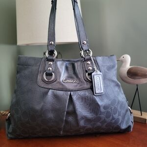 Coach F18776 Ashley Signature Jacquard Charcoal Gray Metallic Leather Satchel